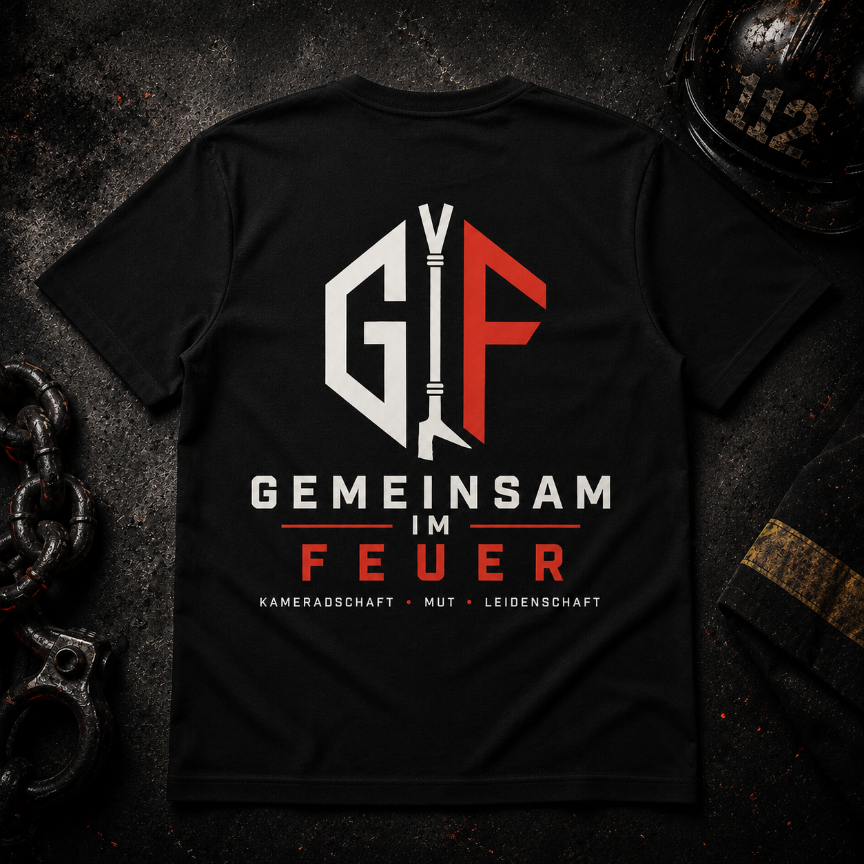 Gemeinsam im Feuer – T-Shirt (Schwarz/Rot)