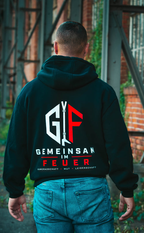 Gemeinsam im Feuer – Hoodie (Schwarz/Rot)